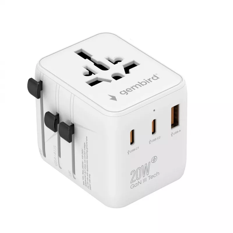 Reise-Netzteil GEMBIRD TPA-1A2C20-01-W — 20 W, USB-A (18 W) + 2× USB-C (20 W), Stecker Typ E, weiß