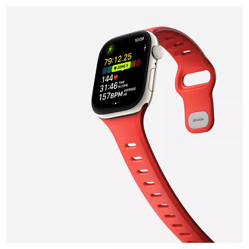 Band Nomad Tempo — Rotes Gummi, 18 mm Breite, passt an Handgelenke 135–175 mm