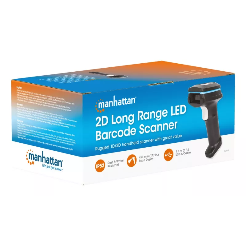 Manhattan 2D Long Range LED Barcode Scanner, USB, 450mm Scan-Tiefe, Max. Umgebungslicht 100.000 Lux (Sonnenlicht), Unterstützt Symbologien - 1D (x21 Versionen) und 2D (x10 Versionen), Scanner RJ45 zu USB 1,8m Kabel (gängigster Typ, USB-A), Schwarz, 3 Jahre Garantie