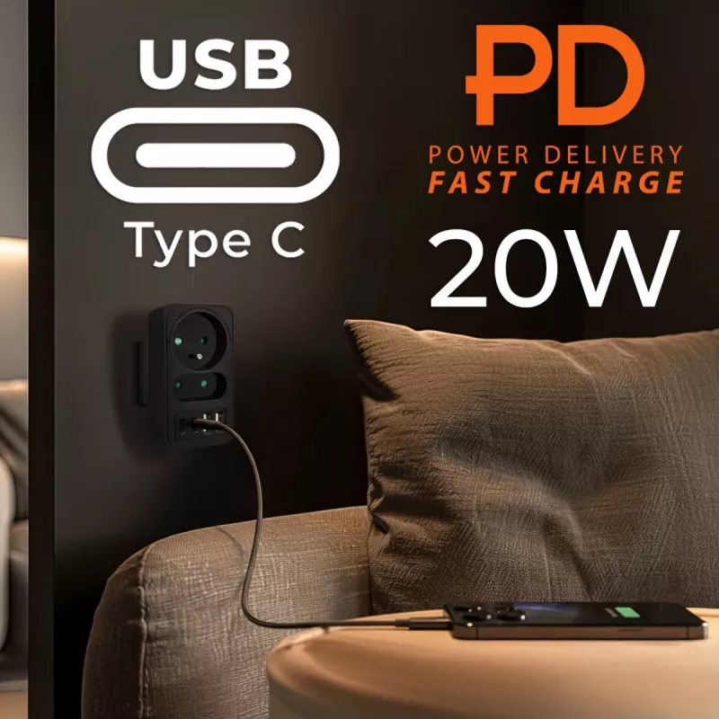 Power Splitter MACLEAN MCE249 F/B – 2 AC-Steckdosen (16A + 6A) mit 2×USB-A und 2×USB-C PD 20W, EU-Stecker, schwarz