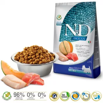 FARMINA N&D Ocean Hund Lachs, Kabeljau, Cantaloupe-Melone Adult Mini - Trockenfutter für Hunde - 2,5 kg