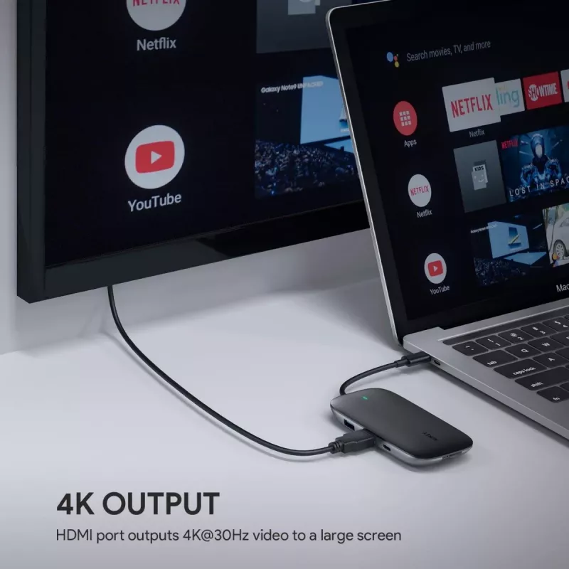 Laptop-Dock AUKEY CB-C71 — 3x USB‑C (USB 3.2 Gen1), HDMI, RJ‑45, MicroSD, USB PD 100 W, 0,15 m Kabel, schwarz
