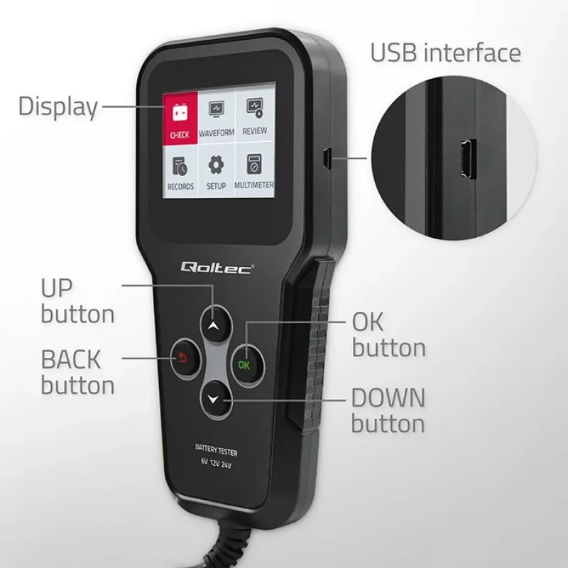 Qoltec 52489 Digitaler Batterie-Analyzer Tester 3-in-1 mit LCD und mehrsprachig 6V | 12V | 24V | 30Ah-200Ah