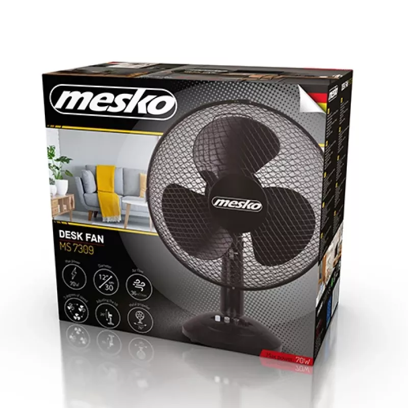 Mesko | Ventilator | MS 7309 | Tischventilator | Schwarz | Durchmesser 30 cm | Geschwindigkeitsstufen 3 | Oszillation | 40 W | Nein
