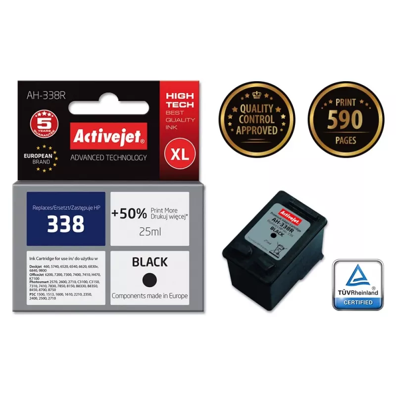 Kompatible Druckerpatrone ActiveJet AH-338R für HP 338 C8765EE, schwarz pigmentiert 25 ml, hohe (XL) Reichweite, Einzelpack