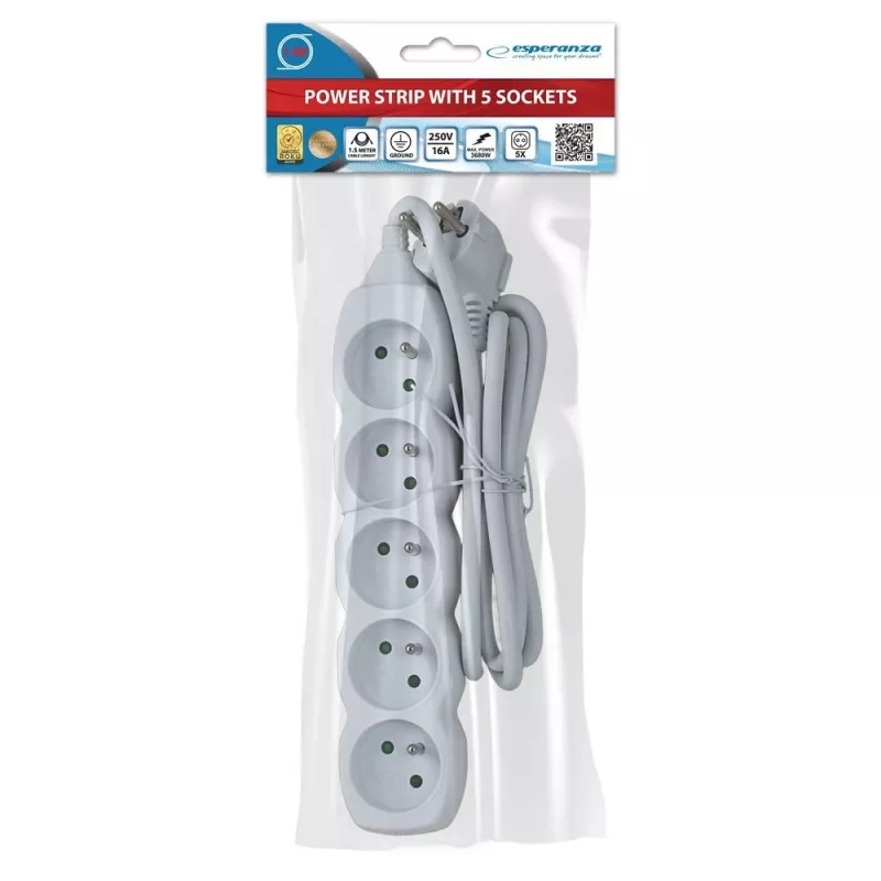 Steckdosenleiste ESPERANZA ELK207W — 1,5 m Kabel, 5 Steckdosen Typ E, Innenbereich, 220–250 V