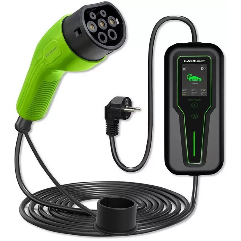Qoltec 52465 Mobile Ladegerät für Elektroauto 2-in-1 Typ2 mit Regelung | 3,5 kW | 230 V | LCD | Tragbar | Wallbox | 5 m