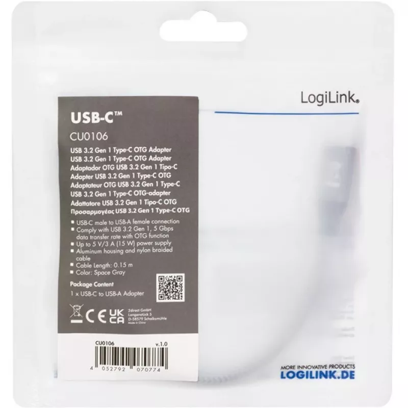 LogiLink USB 3.2 Gen1 Typ-C-Adapter C/M auf USB-A/F OTG Aluminium 0,15 m