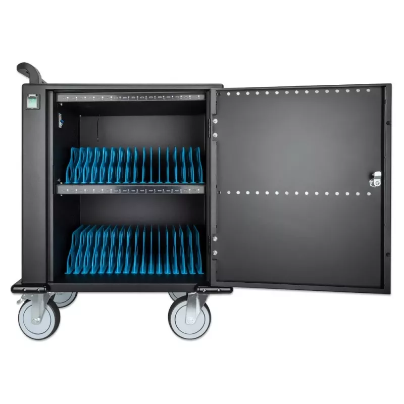 Manhattan iPad bis 13 Zoll, MacBook Air bis 13 Zoll & Chromebook bis 14 Zoll 32-Fach Lade-Wagen/Trolley über USB-C, Auch andere Tablets/Smartphones (mit Gerät-zu-USB-C-Kabel), Fächer 330x22x235 mm, Geräteladekabel nicht enthalten (empfohlen USB-C-Kabel 35