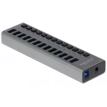 DeLOCK Externer USB 5 Gbit/s Hub mit 13 Ports + Schalter, USB 3.2 Gen 1 (3.1 Gen 1) Type-B, USB 3.2 Gen 1 (3.1 Gen 1) Type-A, 5000 Mbit/s, Grau, Aluminium, 1 m