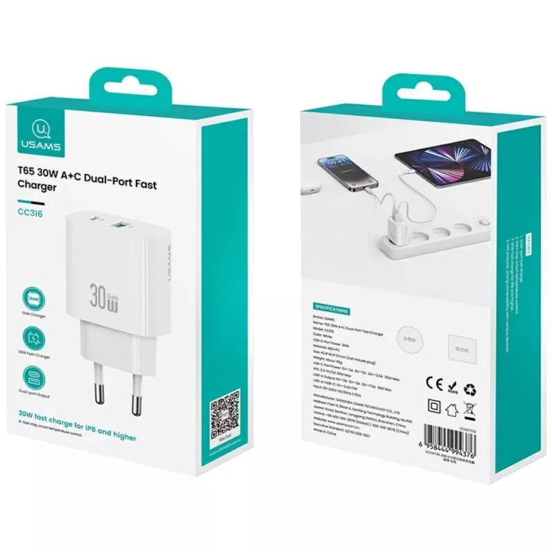 Ladegerät usams USA001632 30W 1×USB-C 1×USB-A Schnellladung