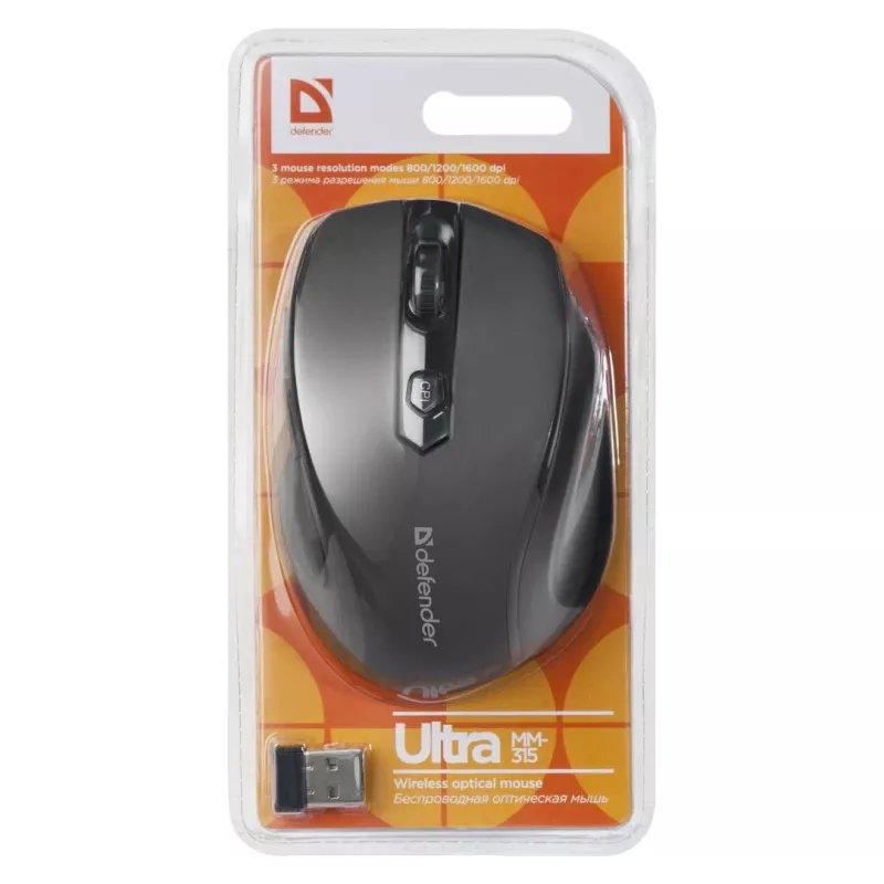 Kabellose RF Optische Rechtshänder-Maus DEFENDER ULTRA MM-315 — 1600 DPI, 6 Tasten, USB-Empfänger, schwarz