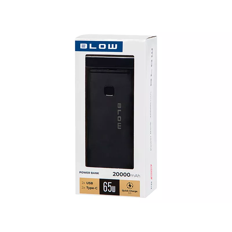 Tragbare Powerbank BLOW PB20G 20000mAh PD 65W, USB-C Ein-/Ausgang, 2x USB-A Ausgänge, schwarz