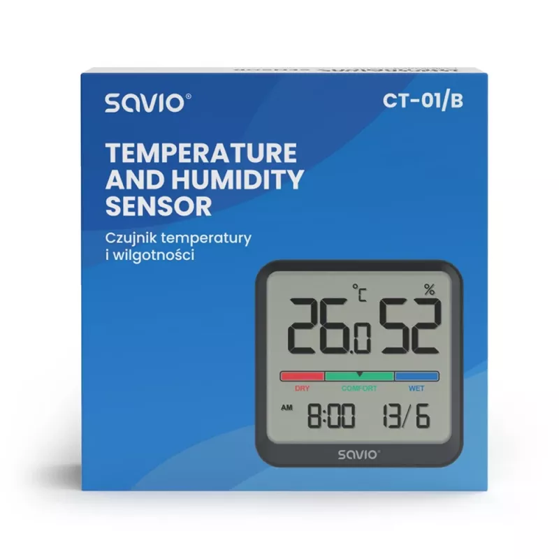 Innenraum-Temperatur- und Feuchtigkeitssensor SAVIO CT-01/B freistehend, LCD, -10–55 °C, 10–99 % rF, CR2032