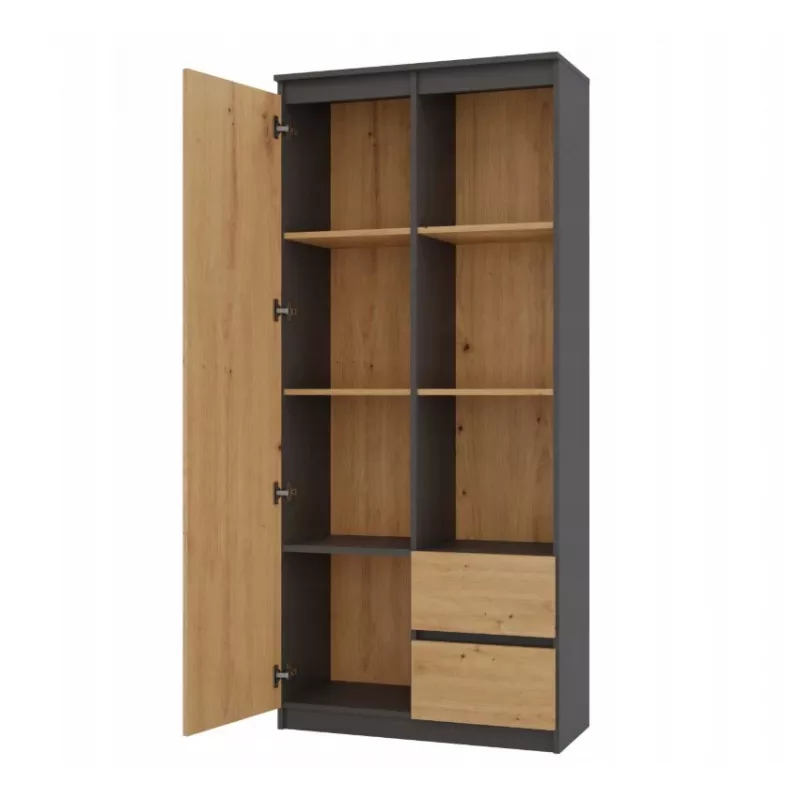 Top e Shop RS-80 BILY Bücherregal, anthrazitfarbener Rahmen, Artisan-Eiche-Tür, 7 Regale, 2 Schubladen, 1800×800×350 mm