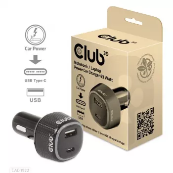 CLUB3D Notebook-/Laptop-Autoladegerät 63 Watt, Auto, Zigarettenanzünder, 24 V, Schwarz