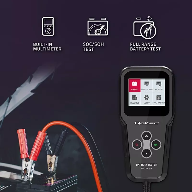 Qoltec 52489 Digitaler Batterie-Analyzer Tester 3-in-1 mit LCD und mehrsprachig 6V | 12V | 24V | 30Ah-200Ah