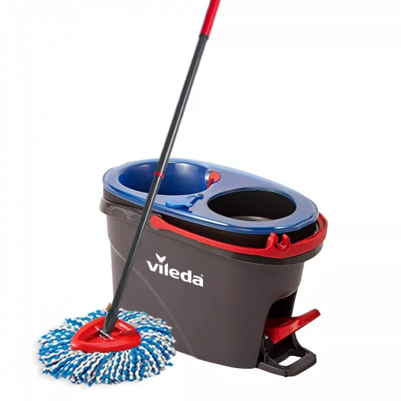 Bodenwischer VILEDA Mikrofaser 320 mm, Teleskopstiel 55–123 cm, waschbar, 360° drehbarer Kopf, schwarz/blau/rot