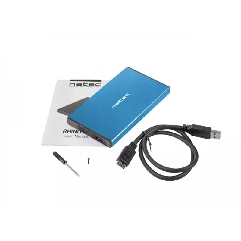 Externes HDD/SSD-Gehäuse NATEC Rhino GO 2,5 Zoll — USB 3.0, SATA III, bis zu 4 TB, 9,5 mm, Aluminium, blau