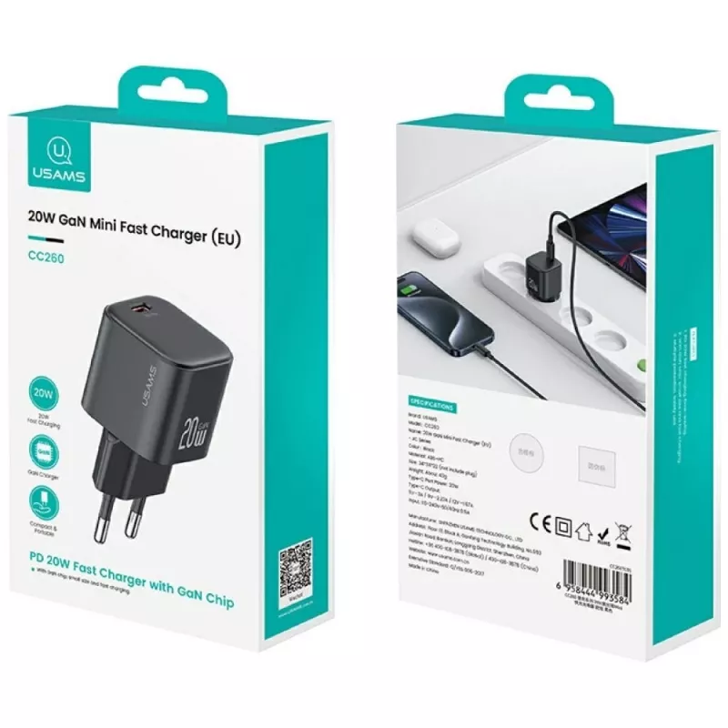 Ladegerät usams USA001627 20W 1×USB‑C mit USB‑C Kabel — Schnellladeadapter für Telefone und Tablets