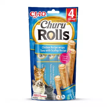 INABA Churu Rolls Hühnerrezept umhüllt Thunfisch mit Jakobsmuschel-Rezept - Katzensnacks - 4x10 g