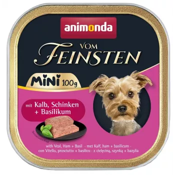 Nassfutter für Hunde animonda Vom Feinsten Schinken Kalb Basilikum 100 g — getreidefrei, ausgewachsene kleine Rassen