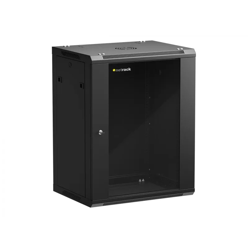 NETRACK 019-150-645-022 Wand-/Hängeschrank 19 Zoll 15HE/450 mm Glastür Schwarz abnehmbare Seitenwände