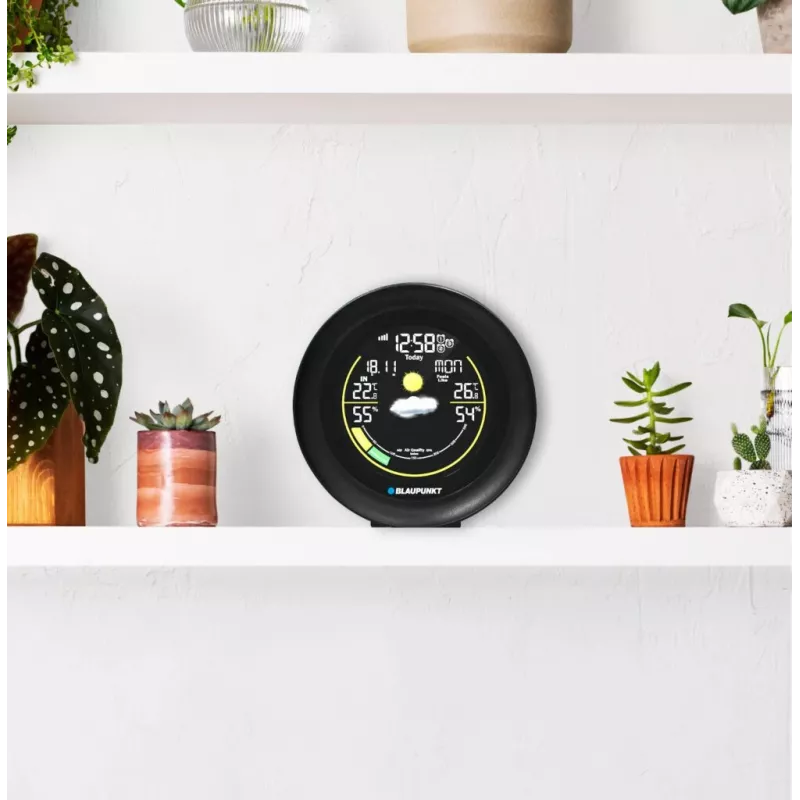 Wetterstation BLAUPUNKT WS35BK APP – LCD-Anzeige, Temperatur & Luftfeuchtigkeit, Alarm, Kalender, App-Konnektivität, 94×94×27 mm