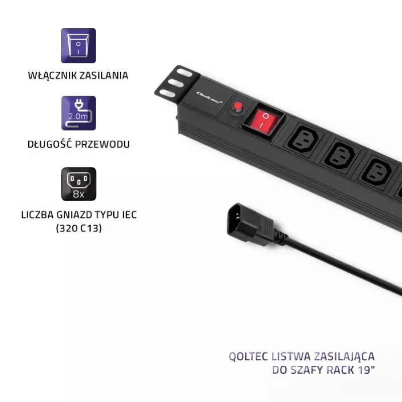 Qoltec 53998 Steckdosenleiste für RACK 19 | 1U | 10A | PDU | 8xIEC C13 | 2m