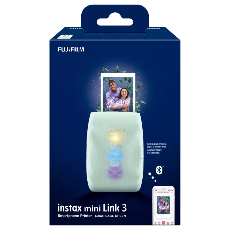 Sofortbilddrucker Fujifilm Instax Mini Link3 Sage Grün — 800×600 DPI, druckt 6,2×4,6 cm, Bluetooth, 0,21 kg