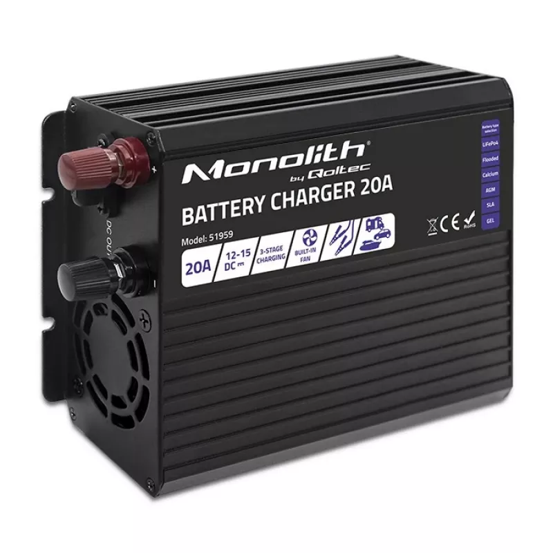 Ladegerät QOLTEC Monolith 20 A 12 V für LiFePO4-, AGM-, GEL-, SLA-Batterien