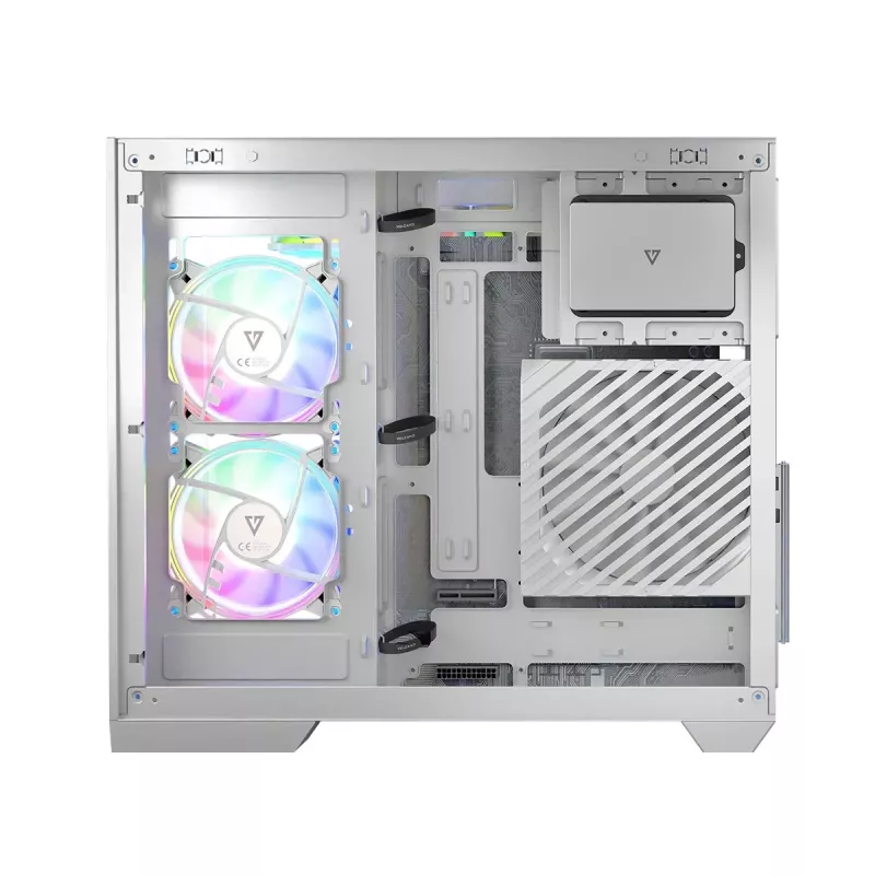 PC-Gehäuse MODECOM Volcano Panorama Midi Tower weiß — micro ATX, gehärtetes Glas, ARGB, USB-C, unterstützt GPU 400 mm