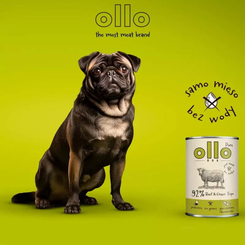 Nassfutter für Hunde OLLO Pure Rind und grüner Pansen 400 g Dose — adult, Protein 14,5 %, Fett 11,9 %, Feuchtigkeit 69 %