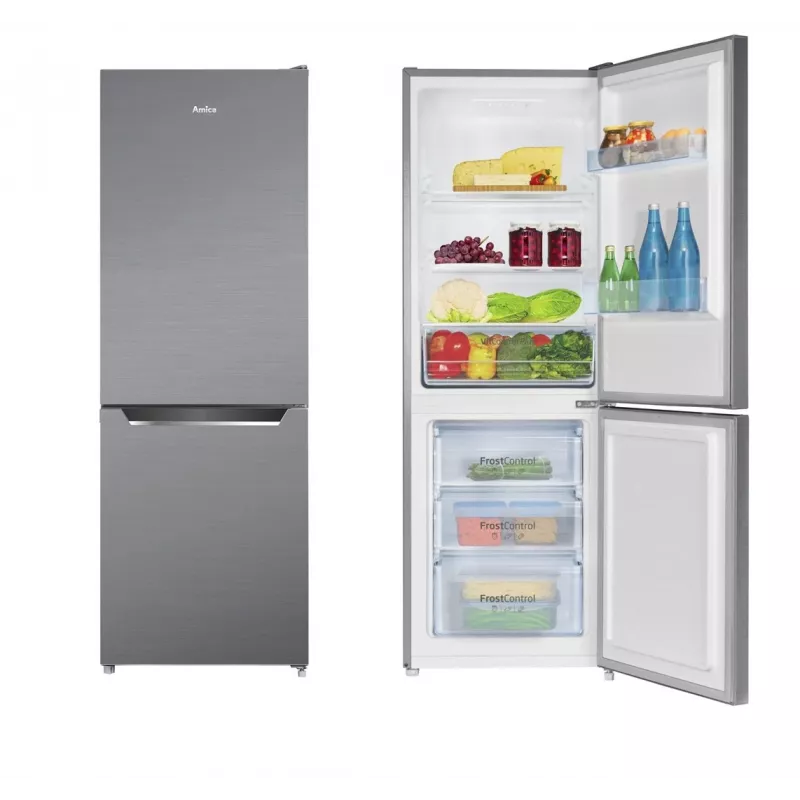 Kühl-Gefrierkombination AMICA FK2425.4UNTX(E) freistehend 277 L gesamt, Gefrierfach unten 74 L, Inverter, silber, 1593×540×550 mm