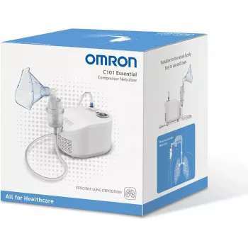 Tischvernebler Omron C101 Essential — Mesh-Vernebler, 0,35 ml/min, Partikelgröße 2,6 µm, AC 230V 50Hz, Erwachsenen- & Kindermaske