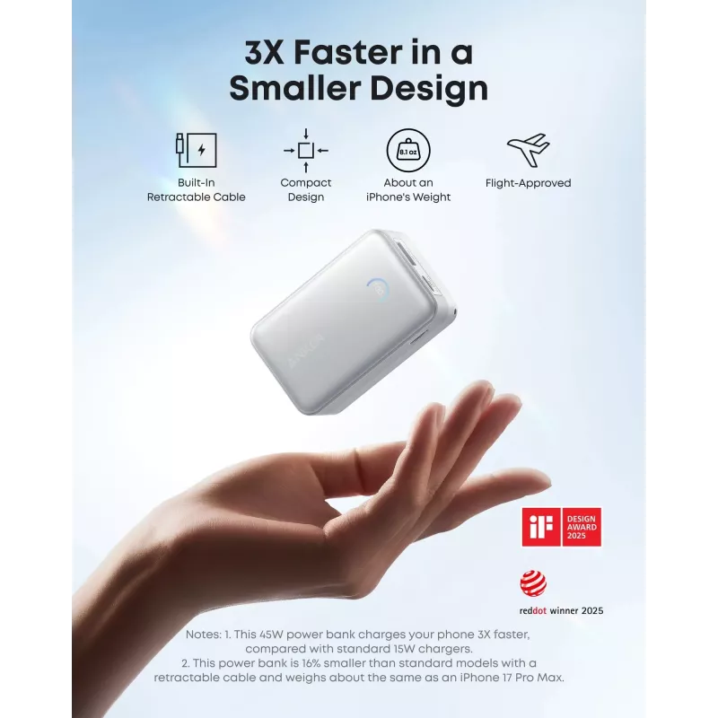 Powerbank Anker A1638 10000 mAh, 45 W Gesamtausgangsleistung, Weiß, integriertes einziehbares USB-C-Kabel