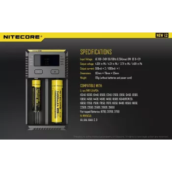 Batterieladegerät Nitecore NEW i2 — 2-Schacht-Ladegerät für LiFePO4, Li-Ion, NiMH; Eingang 100–240V; Ausgang 9–12V; unterstützt AAAA/C/D/AAA/AA; schwarz