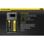 Batterieladegerät Nitecore NEW i2 — 2-Schacht-Ladegerät für LiFePO4, Li-Ion, NiMH; Eingang 100–240V; Ausgang 9–12V; unterstützt AAAA/C/D/AAA/AA; schwarz