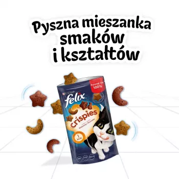 Trockene Katzenleckerli Felix Crispies Rind & Huhn 45 g — fleischiger knuspriger Snack für ausgewachsene Katzen, 31,5 % Protein, 15,5 % Fett