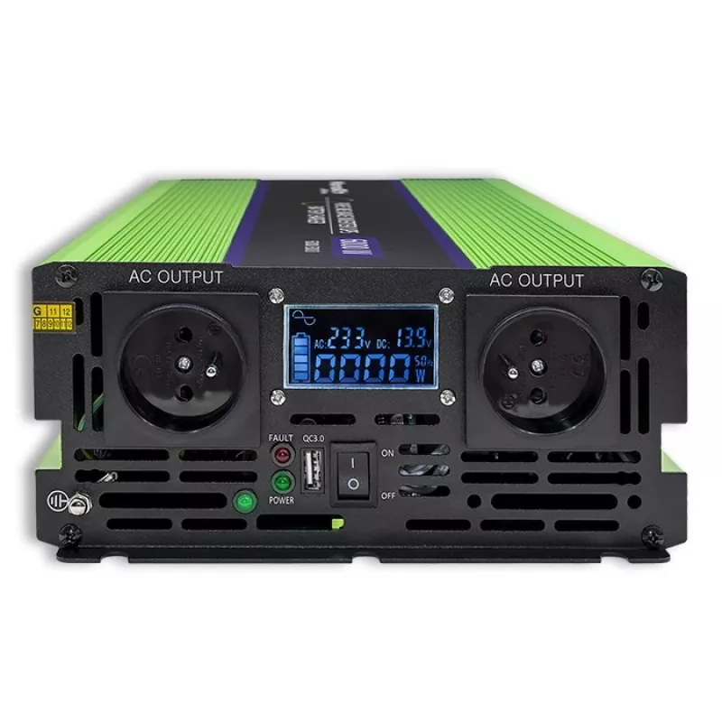 Qoltec Monolith Spannungswandler | Batterieladung | USV | 2000W | 4000W | 12V auf 230V | Reine Sinuswelle | LCD schwarz-grün