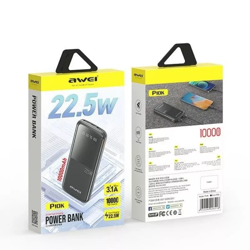 Awei PowerBank P10K 10000 mAh 22,5W Schwarz/Schwarz (10000mAh, 22W, 22,50Wh), Powerbank, Schwarz