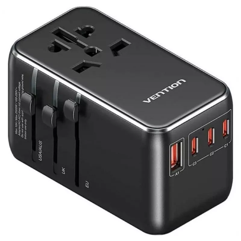 Ladegerät Vention FJGB0 100W GaN mit 3× USB-C und 1× USB-A, Schwarz