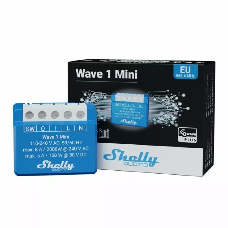 Smart-Relais Shelly Qubino Wave 1 Mini kabellos 110–240V, 8A AC / 5A DC, 868,4 MHz, für Innenräume, blau