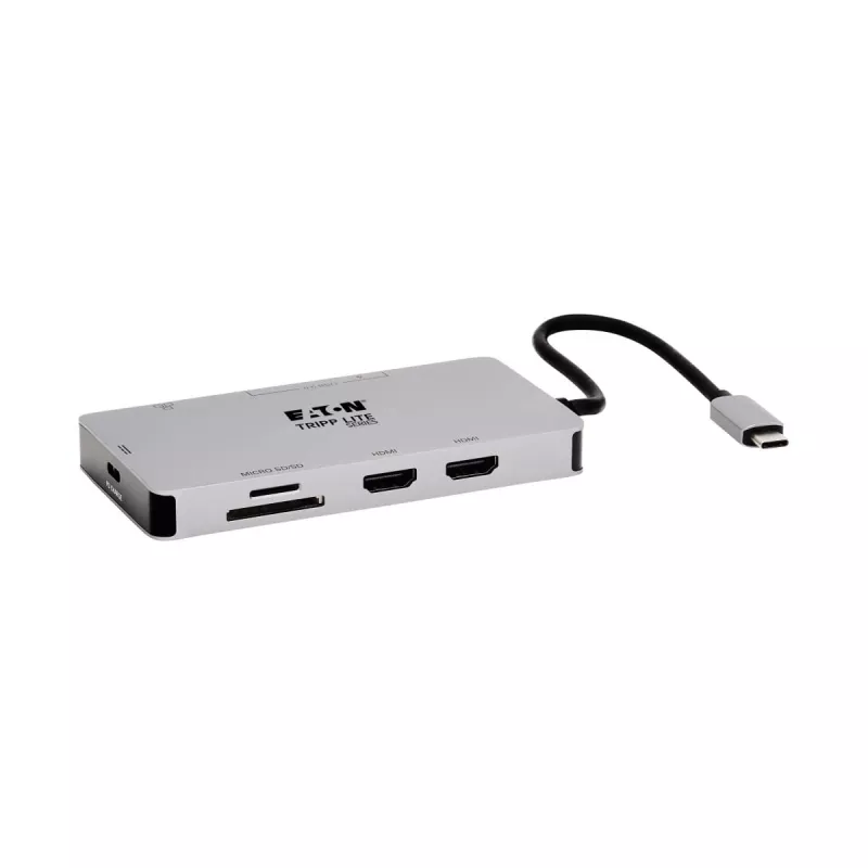 Eaton Tripp Lite USB-C Dock, Dual Display - 4K 60 Hz HDMI, USB 3.2 Gen 1, USB-A Hub, GbE, Speicherkarte, 100W PD-Ladefunktion, Grau - Dockingstation - USB-C - 2 x HDMI - 1GbE (U442-DOCK