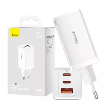 Wandladegerät Baseus GaN5 Pro 65W — USB + 2×USB-C (QC3.0, PD3.0) mit 1m USB-C-Kabel, weiß