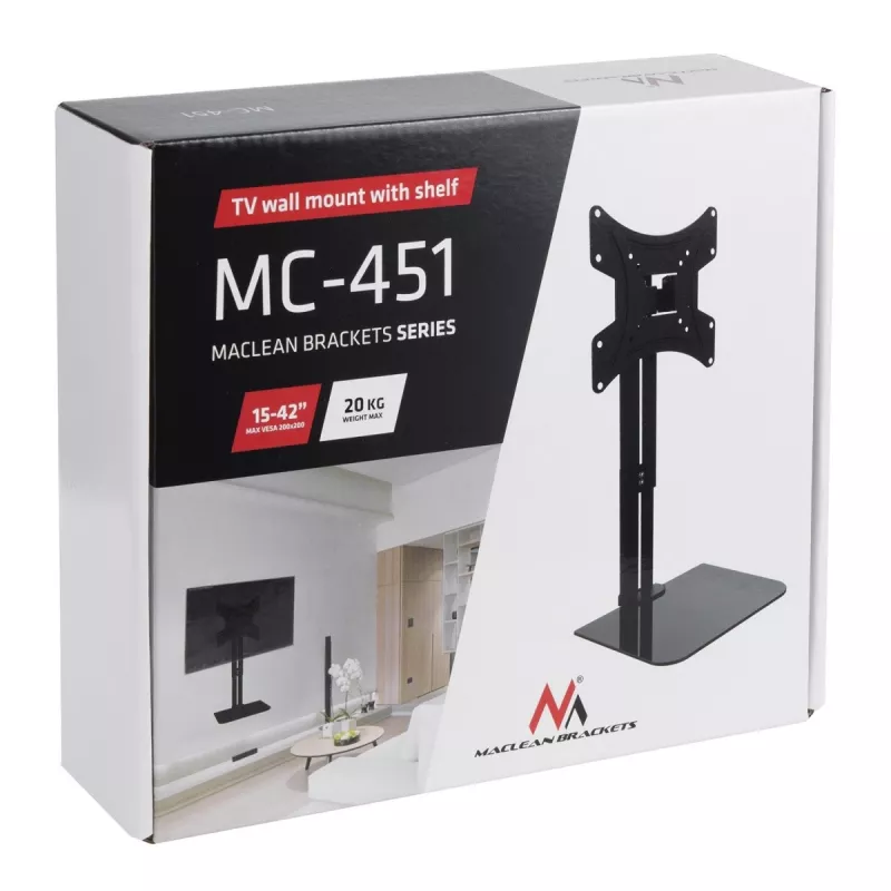 TV-Wandhalterung MACLEAN MC-451 mit Ablage und Neigungsverstellung, VESA 75x75–200x200 mm, bis 20 kg, für 15 Zoll–42 Zoll Bildschirme