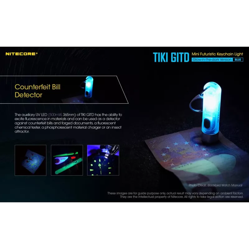 Schlüsselanhänger-Taschenlampe Nitecore TIKI GITD BLUE — grau, USB-aufladbar, 1 lm, 55 mm, 12 g, IP66, stoßfest