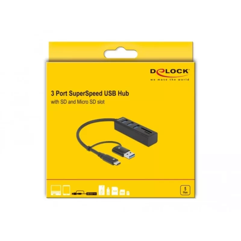 3 Port USB 3.2 Gen 1 Hub + SD und Micro SD Card Reader mit USB Type-C oder USB Typ-A Anschluss, USB-Hub