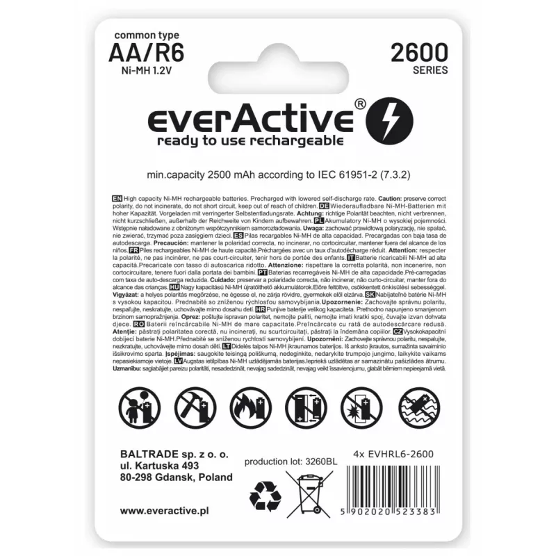 Wiederaufladbare Batterien R6 AA 2600mAh EverActive Professional Packungsinhalt 1x Blister