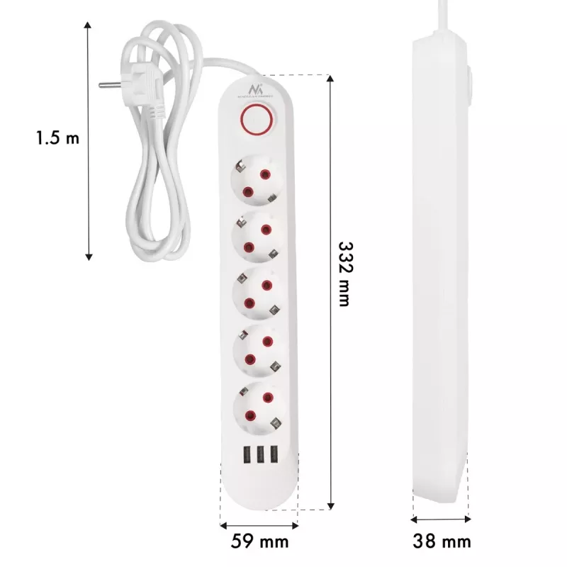 Mehrfachsteckdose MACLEAN MCE395 W — 5 Steckdosen, 3× USB A, 110–240 V AC, 2,1 A USB, max. 2500 W, weiß, 1,5 m Kabel